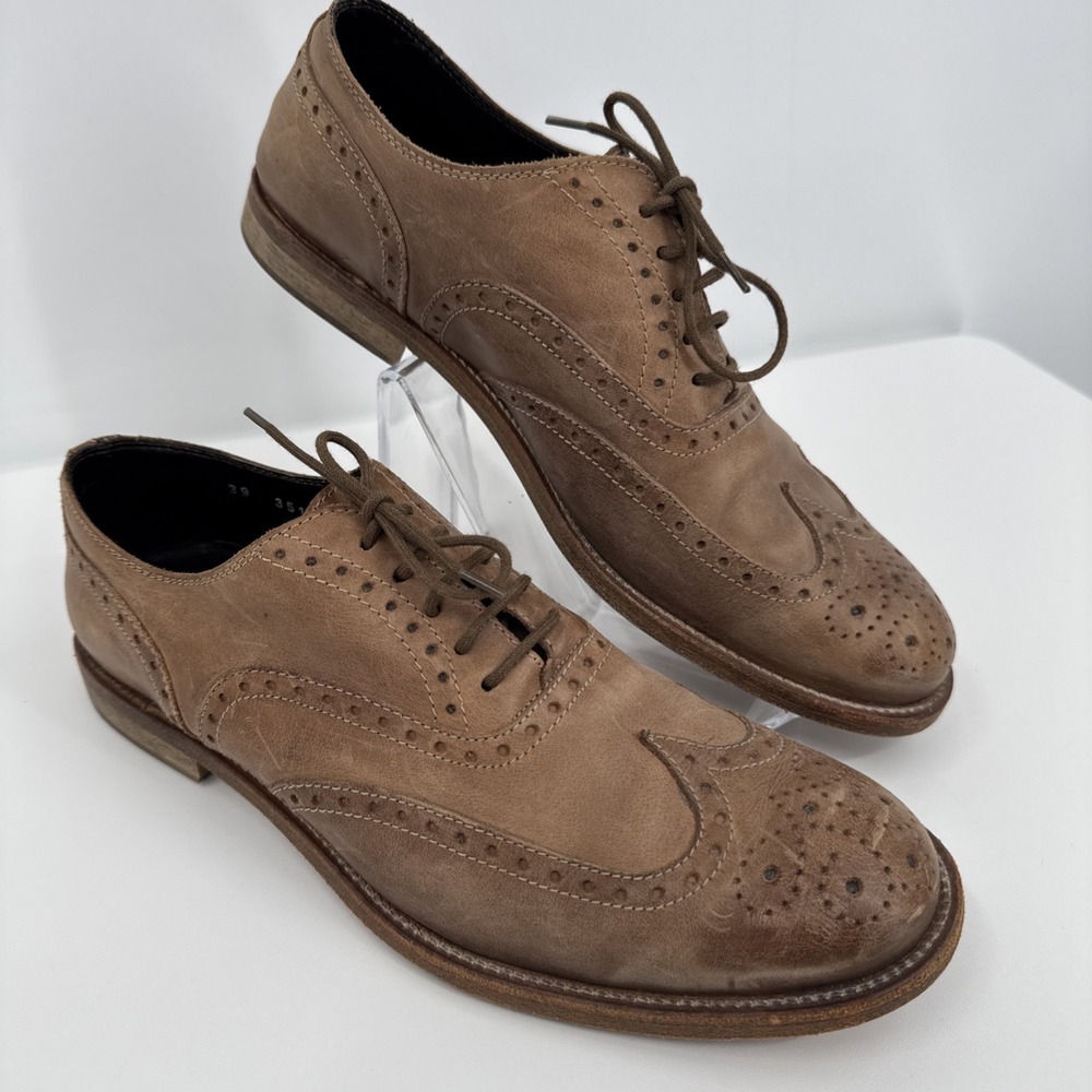 Max Mara Brogue Oxford Beige Leather Women Shoe Lace Up Size EU 39 US 8 Designer